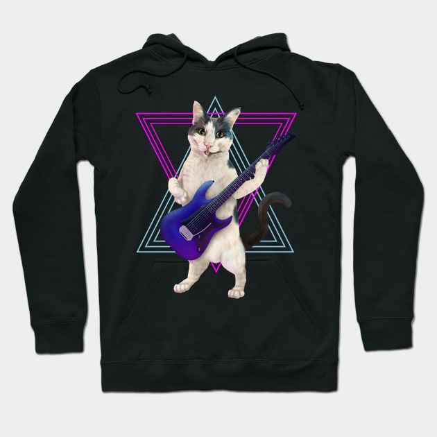 Cat playing electric guitar Hoodie by Mehu Art